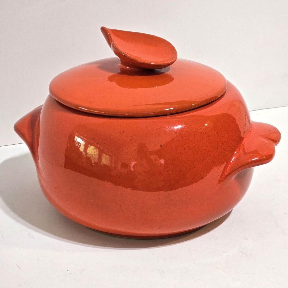Vintage ~ FRANKOMA ~ 4V Bean Pot Ceramic Casserole Dish ~ Red rustic MCM